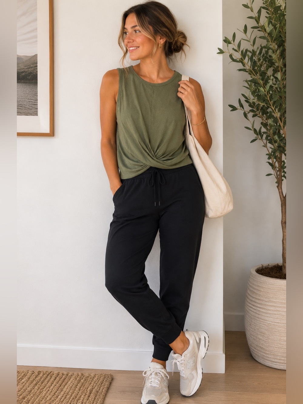 Zenana Olive Green Twist-Front Sleeveless Tank Top Size Small - Athleisure Gym